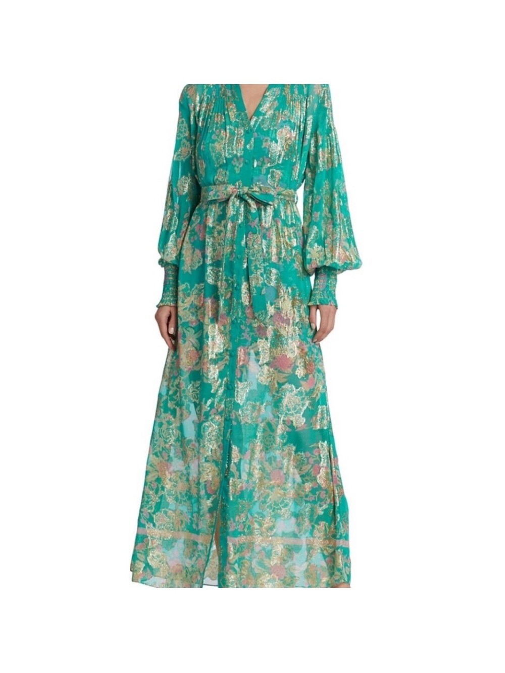 Hemant and Nandita Teal Floral Metallic Maxi Dress with Tie Waist and slip